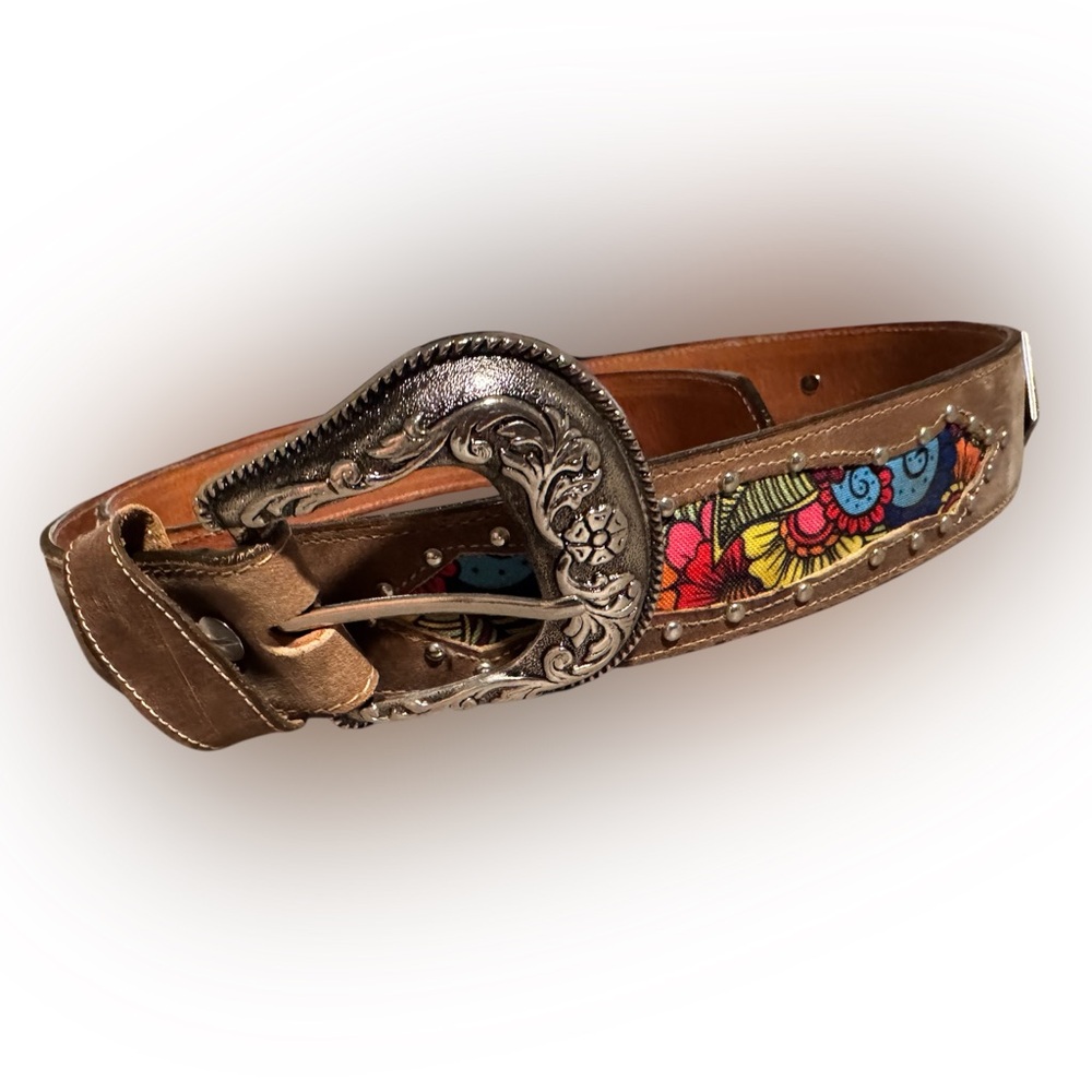 Brown Leather Country Western Floral Multicolor Silver Cowgirl Belt